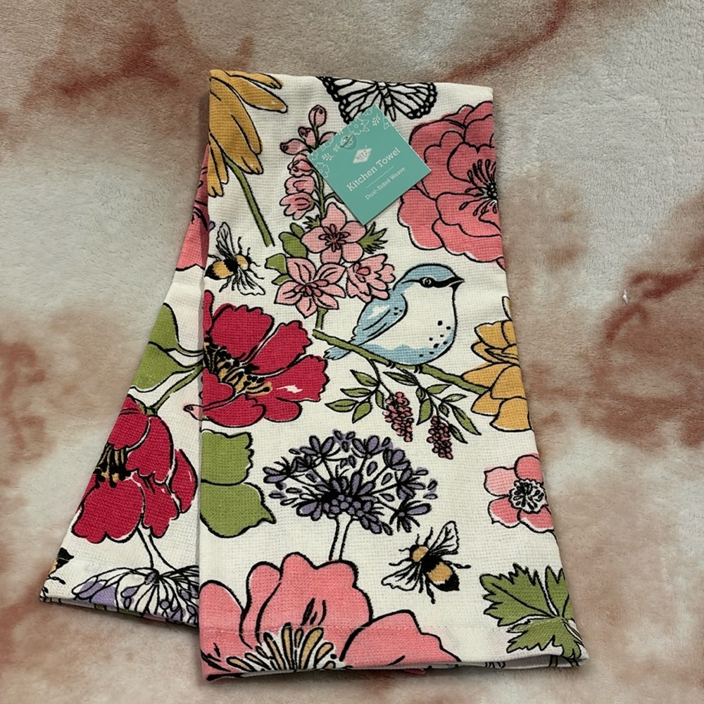 Spring Fling Floral Bird Bee Kitchen Single Towel NWT Ritz Cotton 26” x 16”